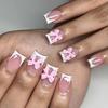 24Pcs Short Square Press On Nails White Rhinestone Flower French Tip Full Cover Reusable Fake Nail Tips