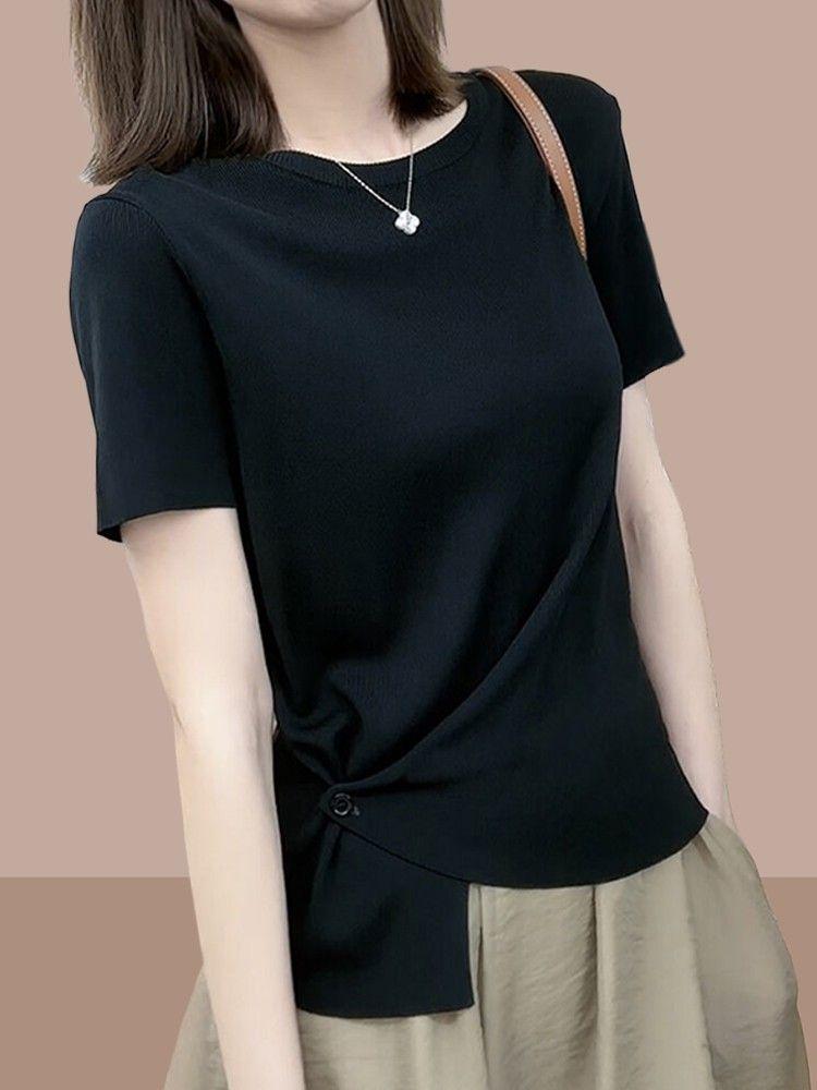 

Летний женский повседневный облегающий топ с нерегулярным коротким рукавом 2025 XL чёрный