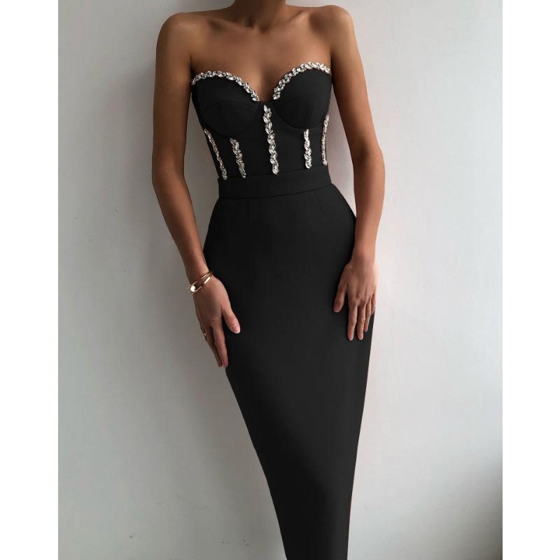 Summer new tube top sexy flash diamond decoration hip wrap thin slim bandage medium dress dress