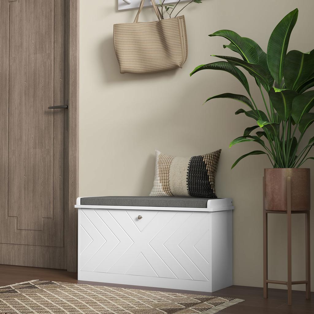 Shoe Cabinet With Bench Adjustable Shelves And Cushioned Seat For 8 Pairs Of Shoes 80x26x48 Cm White