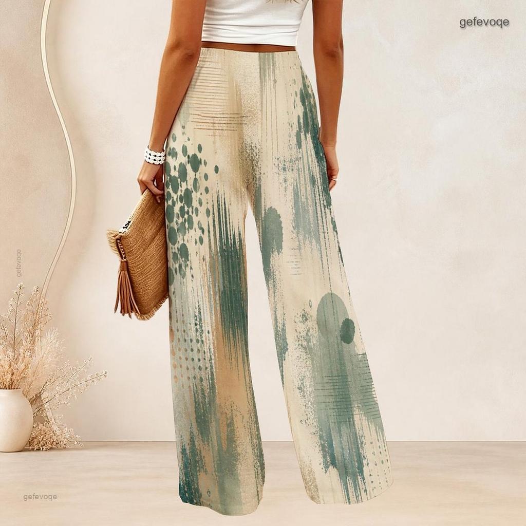 Women High Waist Wide Leg Pants Abstract Geometric Fan Scale Print Loose Casual Long Trousers For Daily Wear