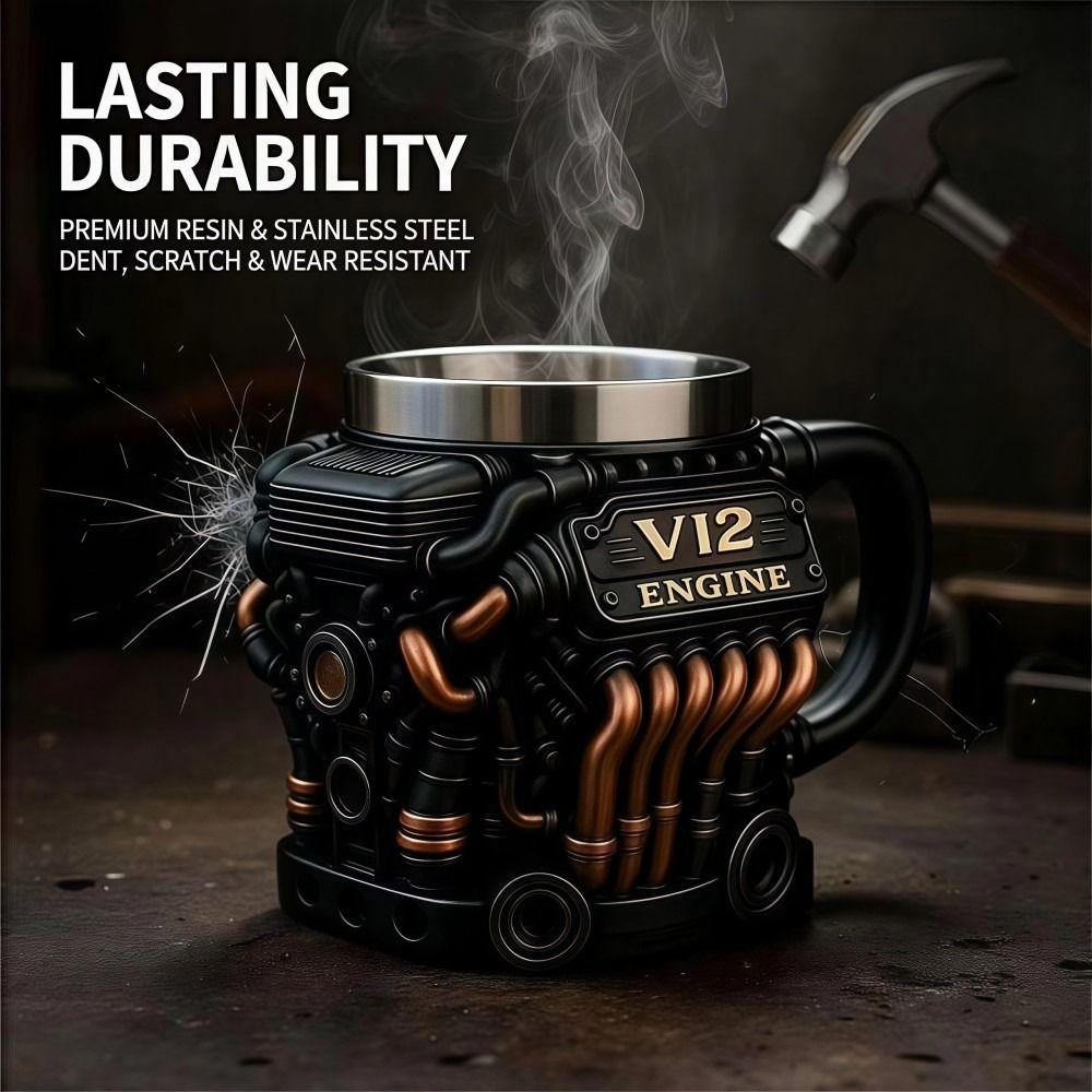 Taza de acero inoxidable con asa para motor V12, estilo retro, con aislamiento, ideal como regalo para hombres y niños.