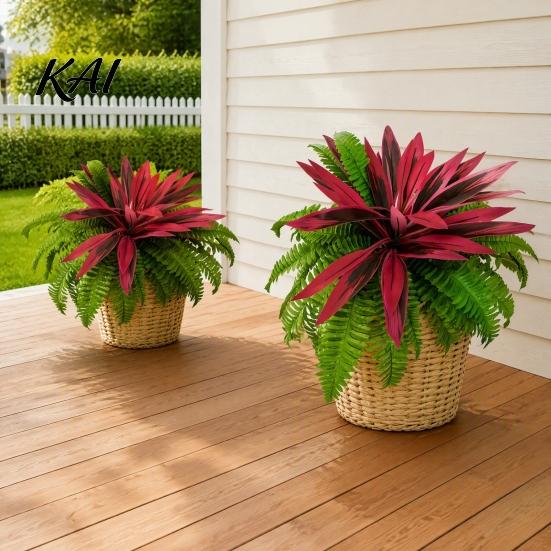Faux Ferns for Wedding Backdrop UV-Resistant Artificial Fern And Red Dracaena Decorative Plants, Lifelike Full Lush Realistic Plastic Foliage