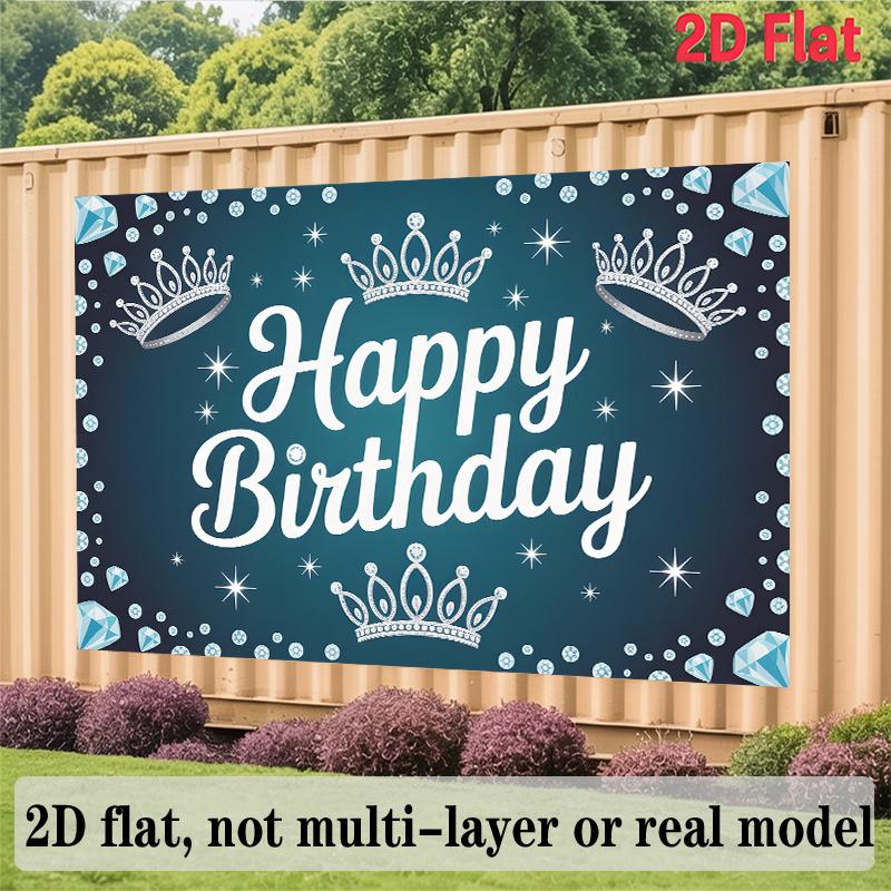 Happy Birthday Balloons and Cake Backdrop Banner, Blue Polyester for Party Decor & Photo Booth