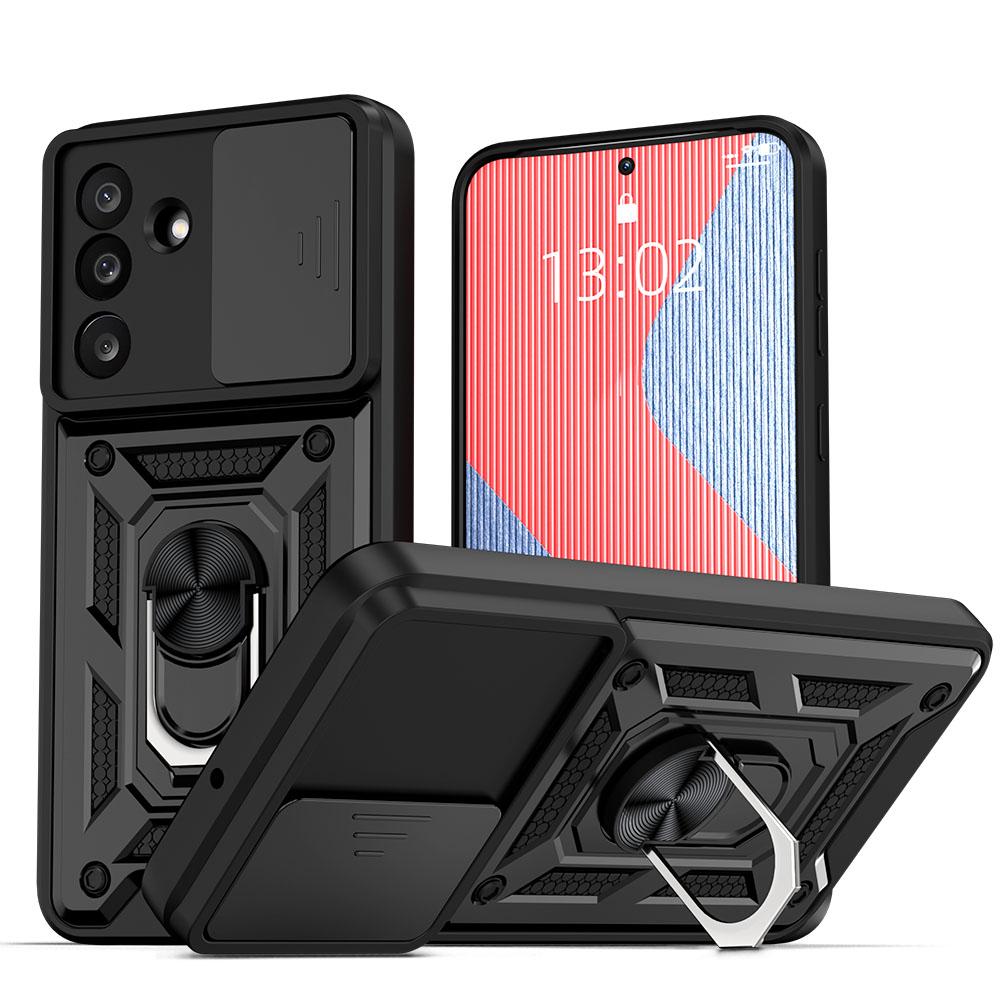 KEYSION Shockproof Case for Samsung M56 5G Silicone+PC Slide Camera Protection Ring Stand Phone Back Cover for Galaxy F56 5G