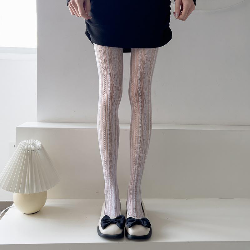 Spring/Summer Solid Color Women Tights Japanese Style Jk Lolita Vertical Striped Hollow Lace Flower Mesh Breathable Pantyhose