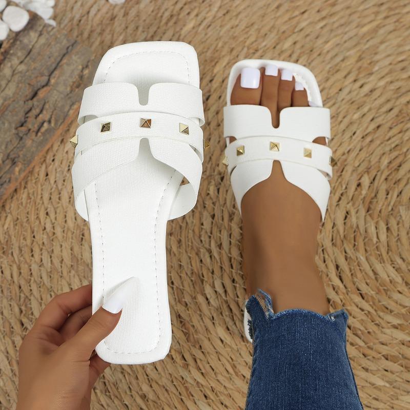 Women's Solid Color Large Size Rivet Slippers Casual Square Head Open Toe Flat Bottom Summer Shoes Lightweight