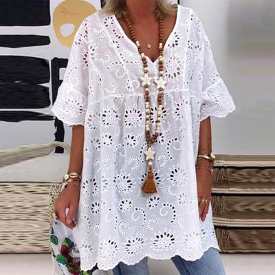 Kadın Mini Elbise Moda V Yaka Hollow Out Nakış Desen Kısa Kollu Beyaz Renk Fırfır Elbise Yaz Rahat Gevşek Cover-up Elbise