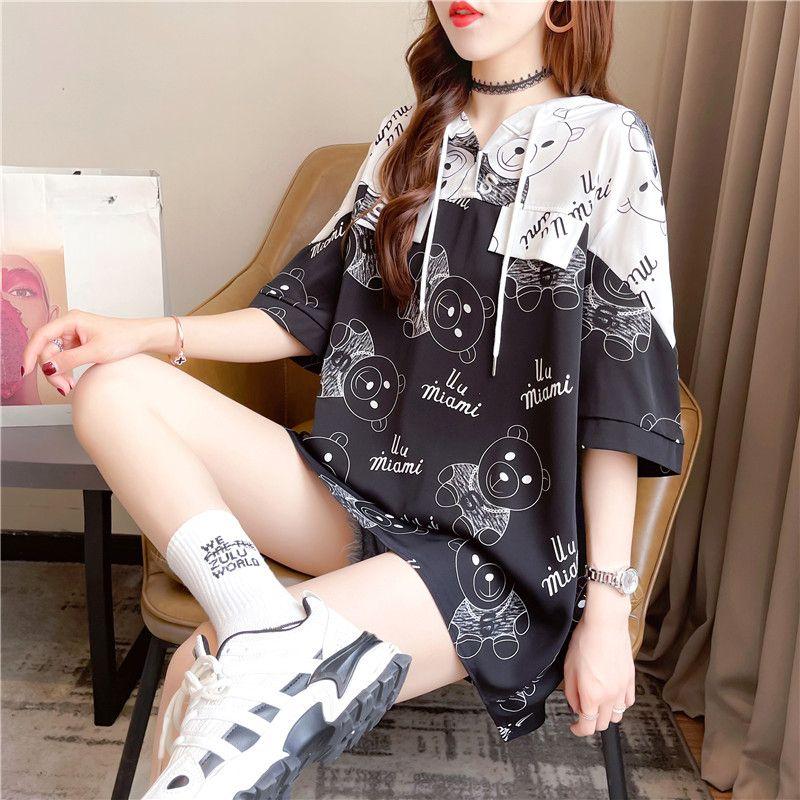 

Женские летние футболки с капюшоном и коротким рукавом, большие размеры, корейский стиль, свободные, с принтом милого медведя из мультфильма XL