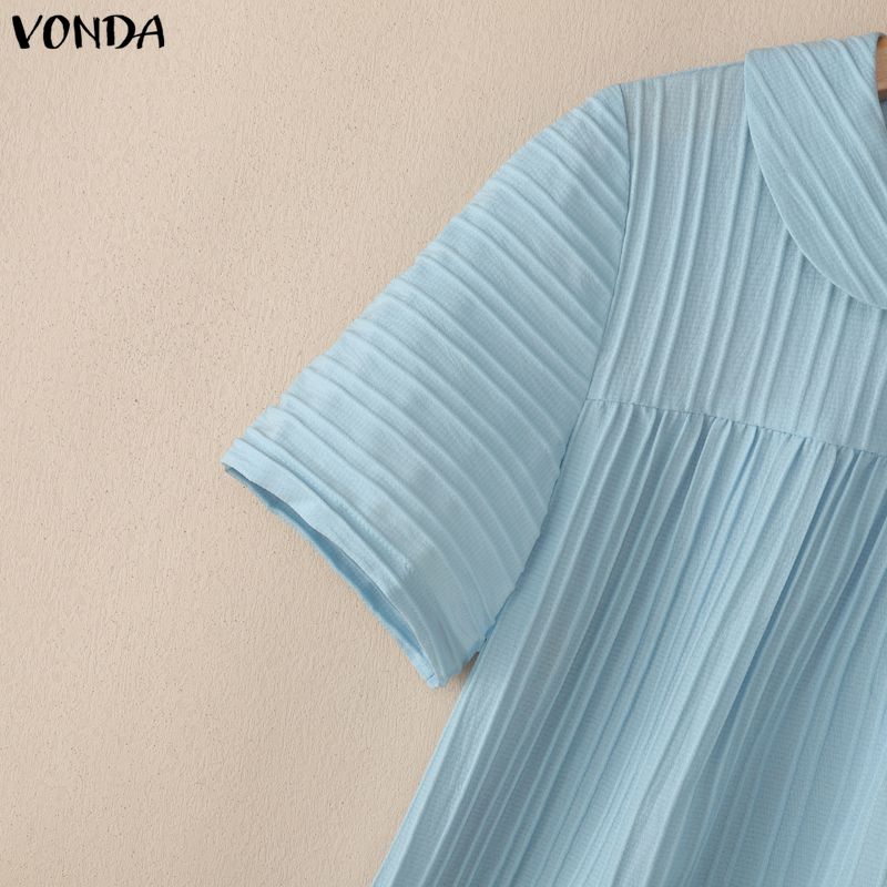 VONDA Summer Women Lapel Neck Solid Color Summer Short Sleeve Texture Casual Blouse Tops