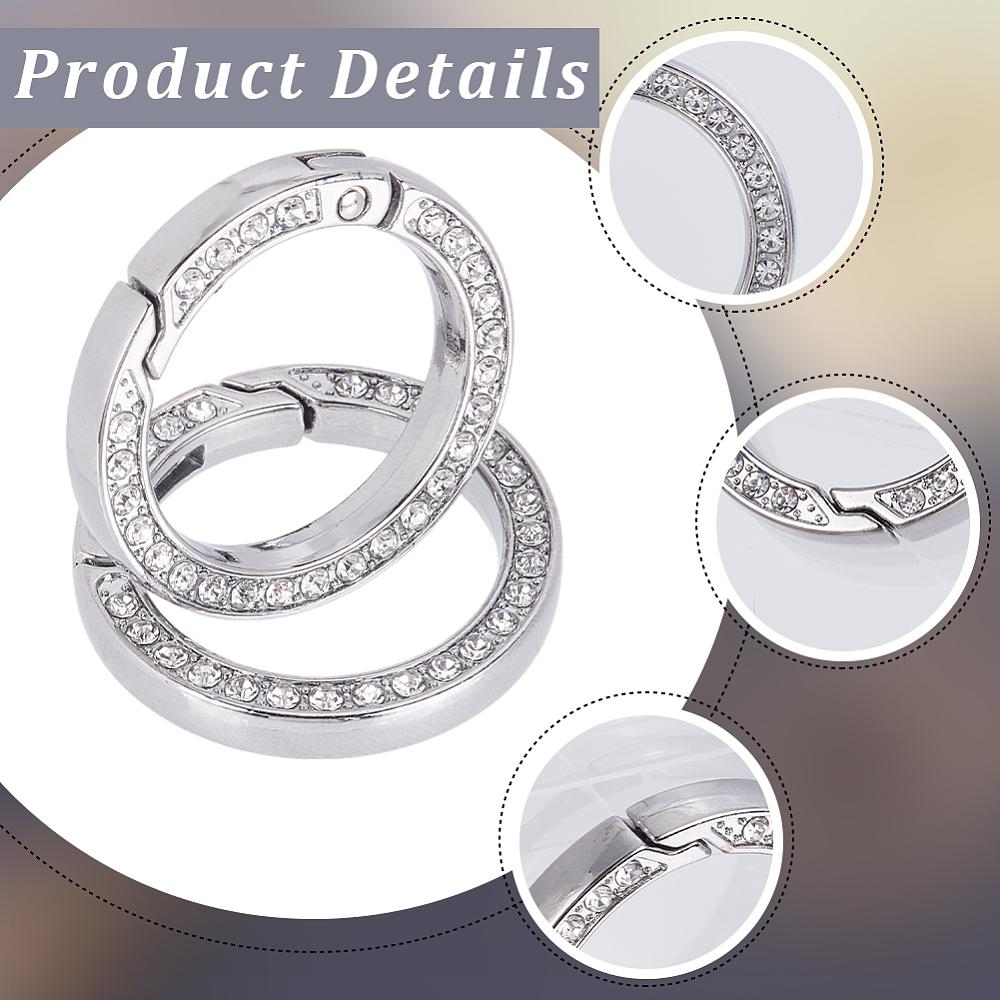 8pcs Alloy Crystal Rhinestone Spring Gate Rings, Ring, Platinum, 34x5mm