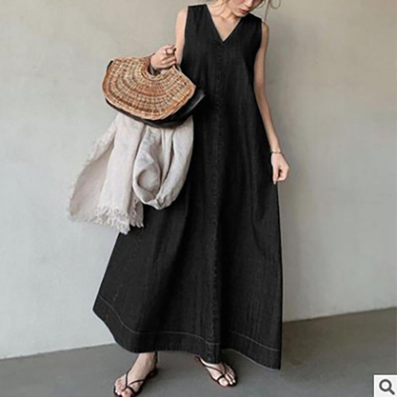 Japanese Style Washed Denim Maxi Dress: Plus Size Sleeveless V-Neck Back Tie Detail Harajuku Long Dress for Women, Boho Chic Casual Outfit