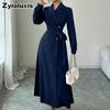 Women's Autumn Winter Suit Collar Long Sleeve Waist Belt Ruched Maxi Dress Formal Work Wear