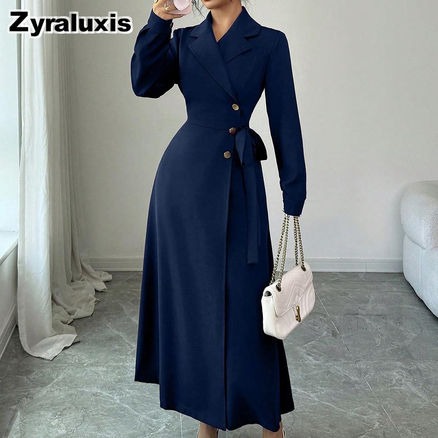 Women's Autumn Winter Suit Collar Long Sleeve Waist Belt Ruched Maxi Dress Formal Work Wear