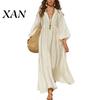 Party Dress Casual Women's Deep V Neck Maxi Dress, Puff 3/4 Sleeve Soft Fabric A-Line Flowy Loose Boho Beach Sundress Mid-length