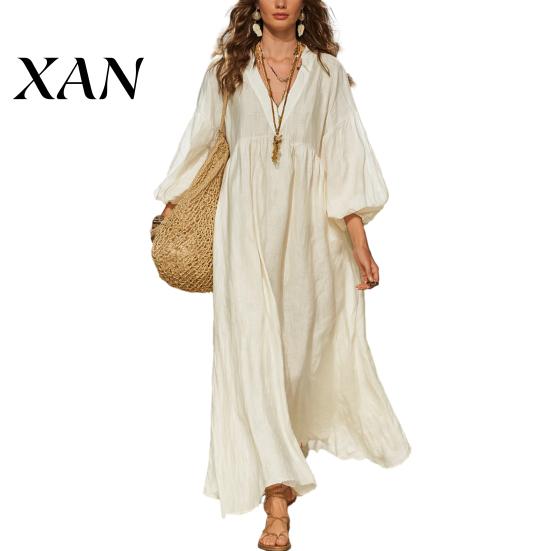 Party Dress Casual Women's Deep V Neck Maxi Dress, Puff 3/4 Sleeve Soft Fabric A-Line Flowy Loose Boho Beach Sundress Mid-length