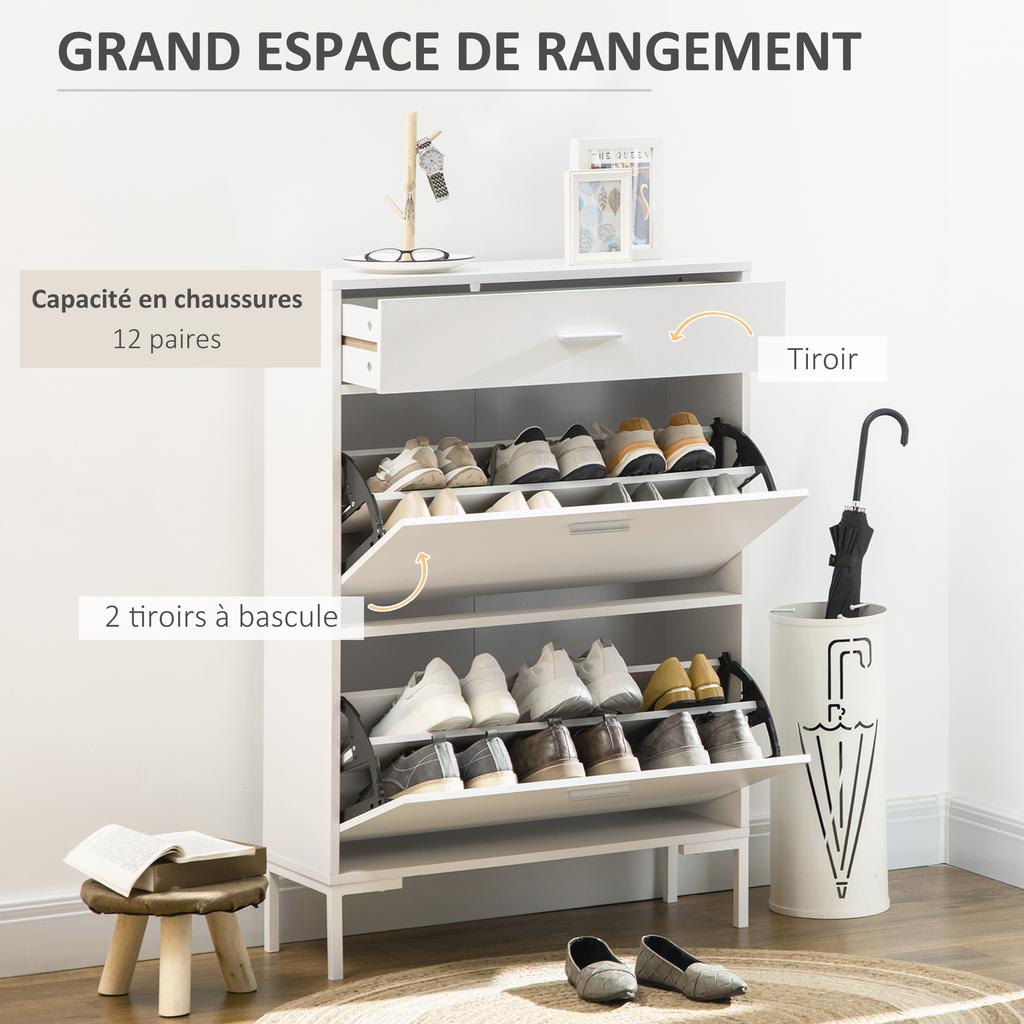 Shoe Cabinet 12 Pairs Narrow Shoe Cupboard 2 Flip Drawers And 1 Drawer 75 X 26 X 110 Cm White