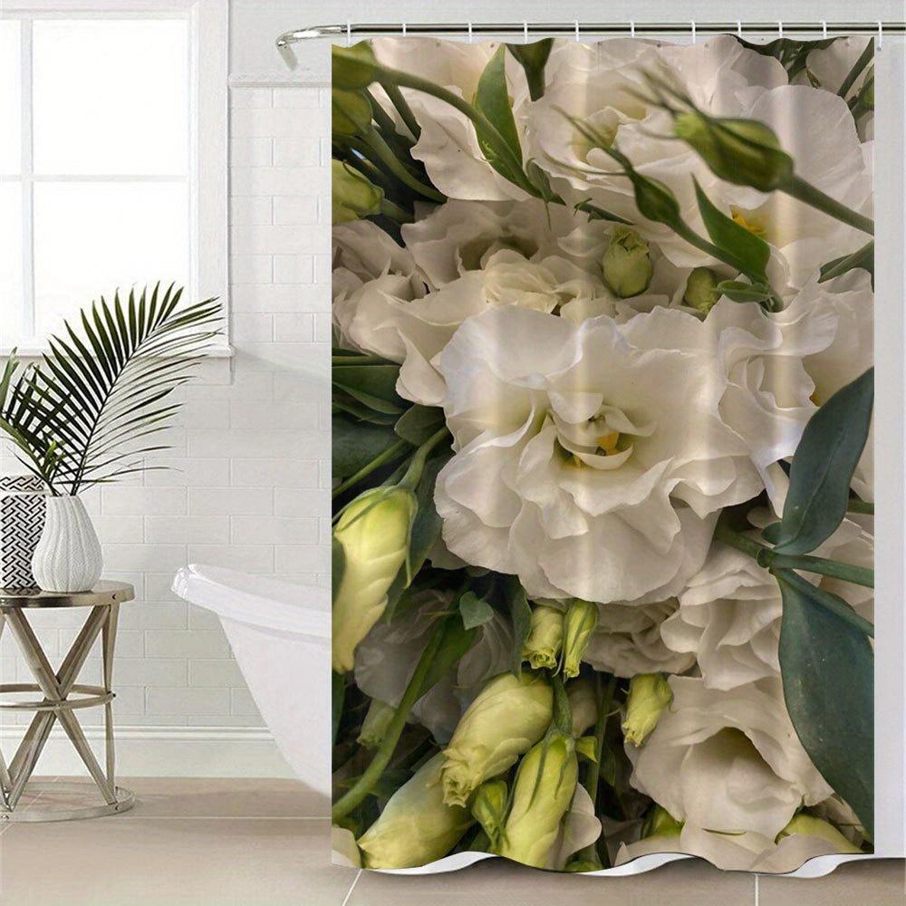 1 st Blommig Duschdraperi - Vit Blomma Digitaltryck, Vattenresistent Polyester, Endast Handtvätt, Inkluderar Krokar