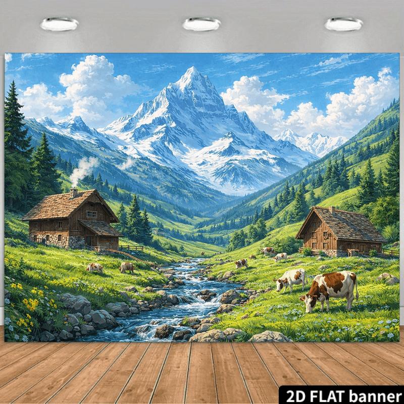 2D Plane Dolomite Mountains Church Lake Background Fabric Polyester Material Suitable for Indoor Use
