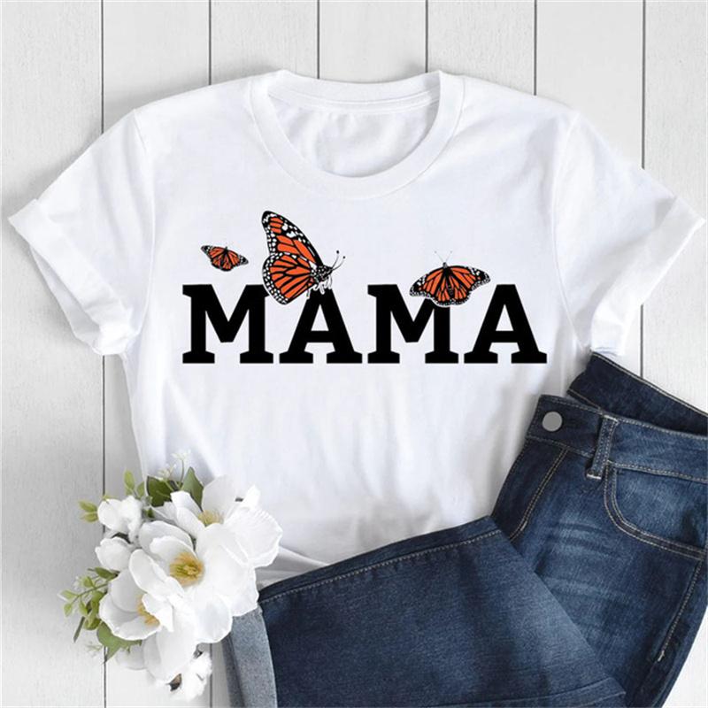 Nové dámské tričko Módní MÁMA Motýl Květinový potisk Tričko Ležérní topy s krátkým rukávem Tričko Dámská trička 90. léta Dámské tričko