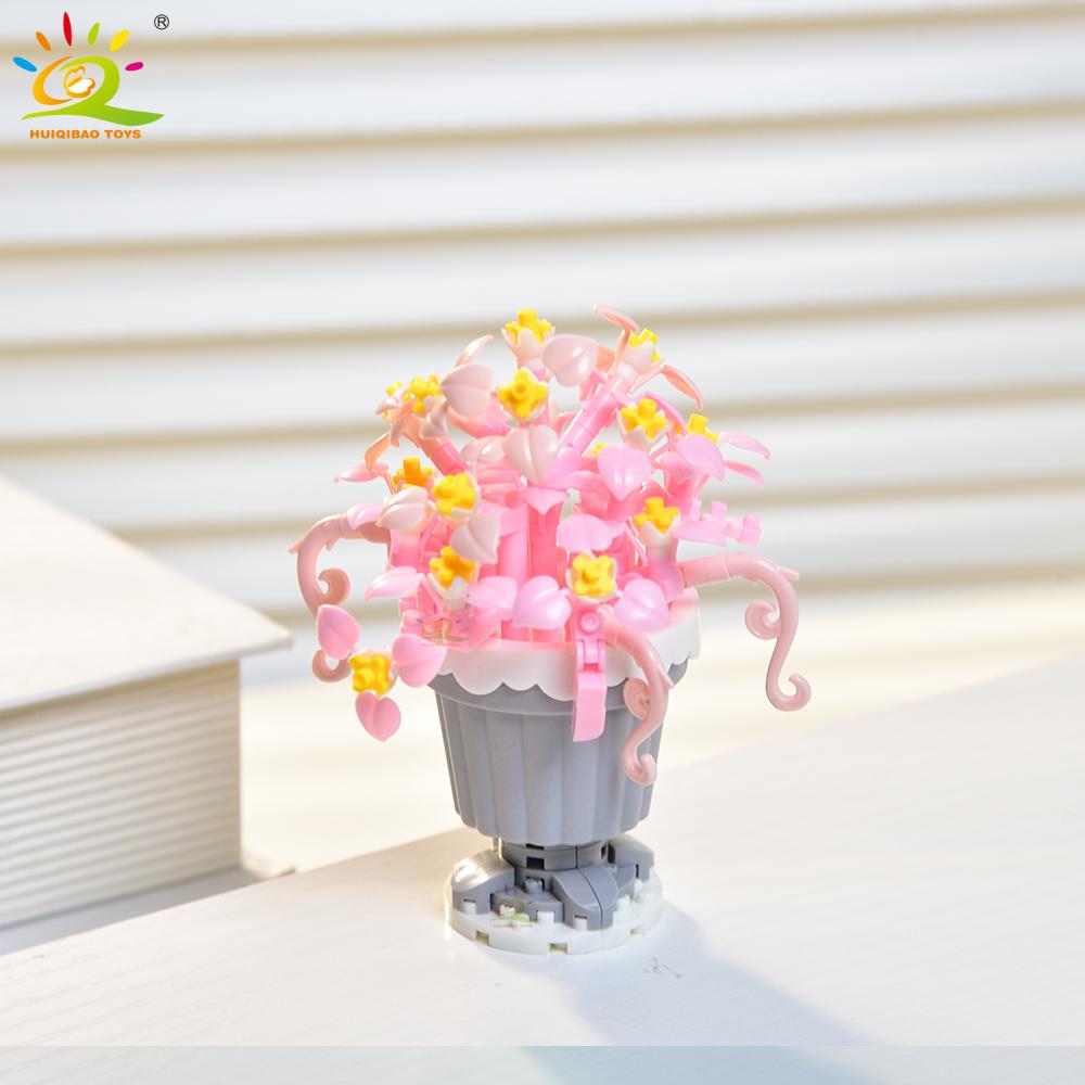 HUIQIBAO MOC Bouquet Potted Plant Micro Building Blocks Eternal Flower Model DIY Home Desk Decoration Brick Toy For Children