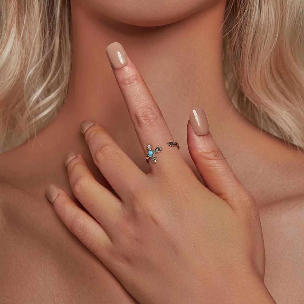 Vintage Turquoise Cross Open Ring S925 Sterling Silver Oxidized Women's Jewelry Adjustable Rings