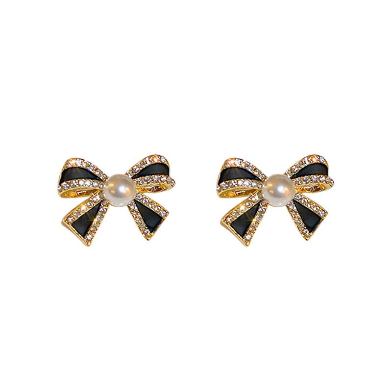 Silver Needle Retro Rhinestone Pearl Bow Stud Earrings - Elegantly Simple, Small, Advanced Sense for Women