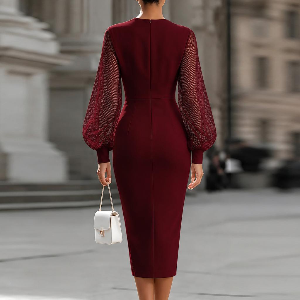 Women's Mesh Sleeve Bodycon Dress Fitted Evening Gown for Formal Events