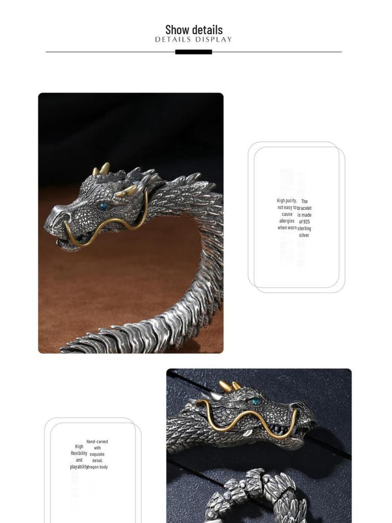 Collector's Grade Handmade Retro Thai Silver Dragon Head Bracelet - High-End Ethnic Fashion Jewelry