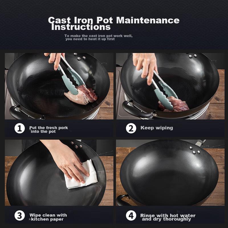 Wok Iron Pan with Lid, 30cm Non-Coated Pure Iron Frying Pan, Nitrided, Compatible with Gas And Induction Stoves MCC4558