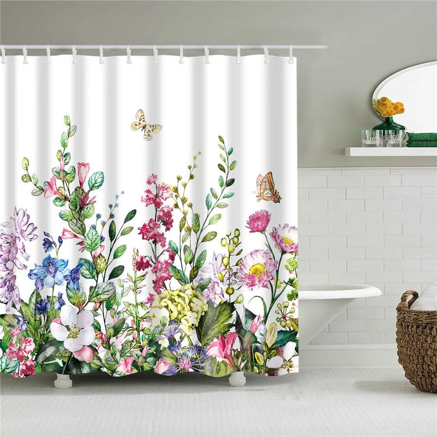 Flower Painting Printed Mildew Proof Polyester Shower Curtains Washable Waterproof Shower Curtains For Bathroom Home Decor