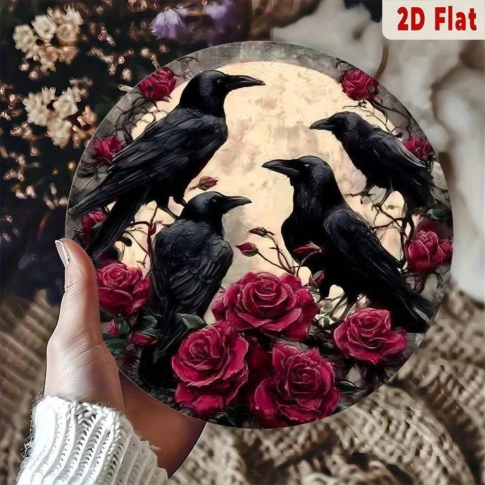 Gothic Raven and Rose Metal Wall Art Halloween Decor