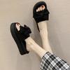 Black Bow-tied One-word Slippers for Women's Summer Wear, New Muffin Thick-bottomed Non-slip, Advanced Cool Slippers