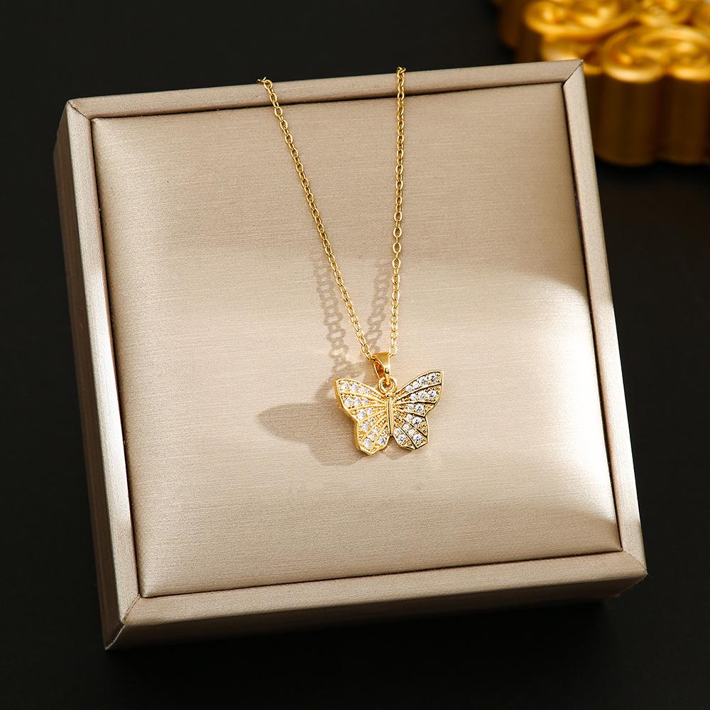 Korean Butterfly Tassel Luxury Diamond Titanium Steel Necklace - Women's Versatile Clavicle Jewelry