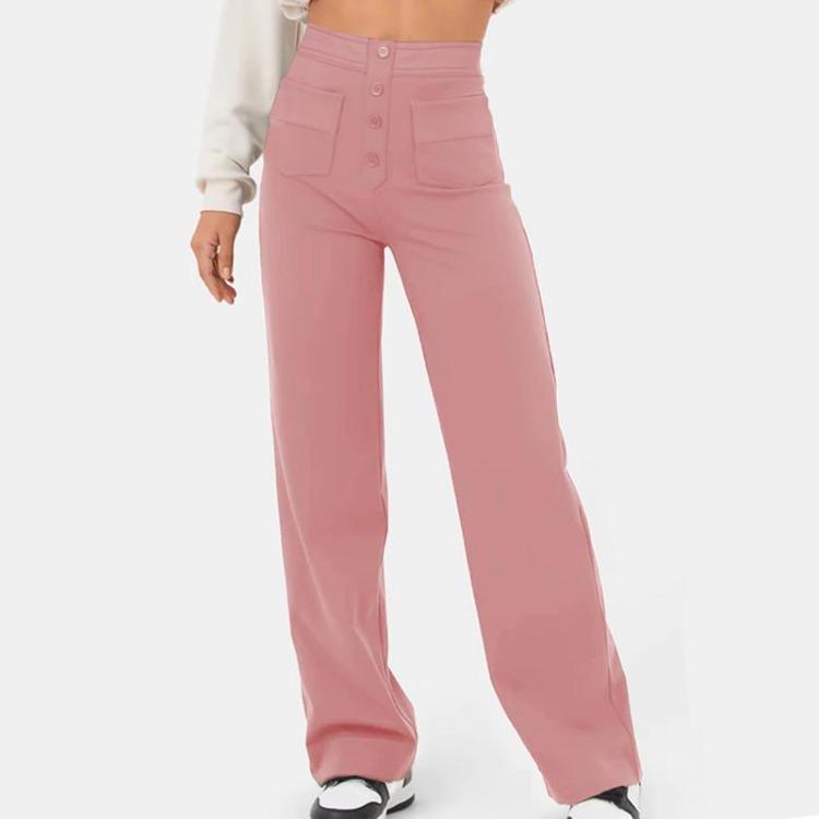 New Women High Waist Casual Straight Pants with Pockets European American Fashion Elastic Waist Button