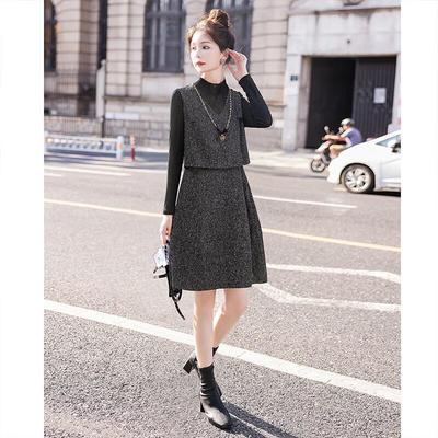 Sibaishe Women's Autumn Fake Two-Piece Midi Dress