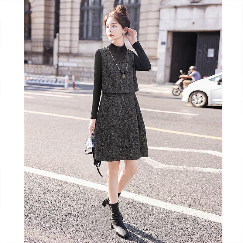 

Sibaishe Women s Autumn Fake Two-Piece Midi Dress L