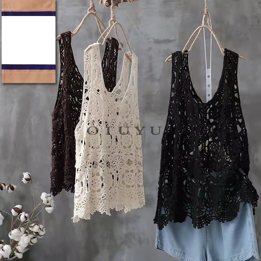 OIUYUE Openwork Knit Summer Tank Loungewear Women's V-Neck Camisole, Sleeveless, Top, Top, (Free Size, Beige)