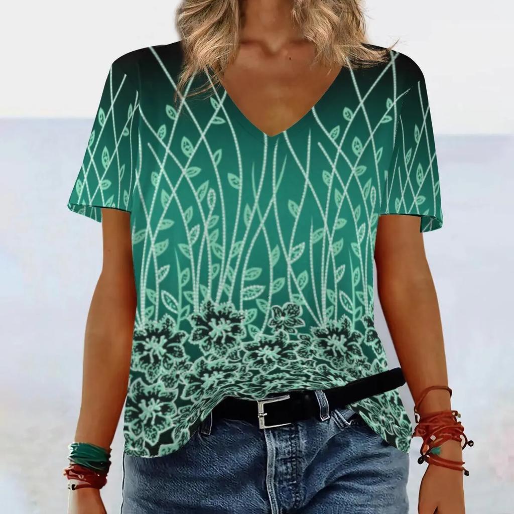 Summer V-neck 3D Gradient Printed Top Fashionable Casual Short Sleeved Women's T-shirts