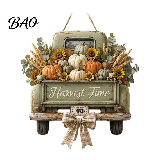 Outdoor Front Door Hanging Decor Harvest Pumpkin Truck Sign for Door, Wooden Fall with Retro Pickup Home Hemp Rope, Distressed Farmhouse Welcome Sign,