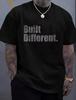 1pc Man S' Built Different Text Print Black T Shirt Crew Neck Casual Cotton Tee Medium Stretch Knit Fabric Regular Fit For Boys M