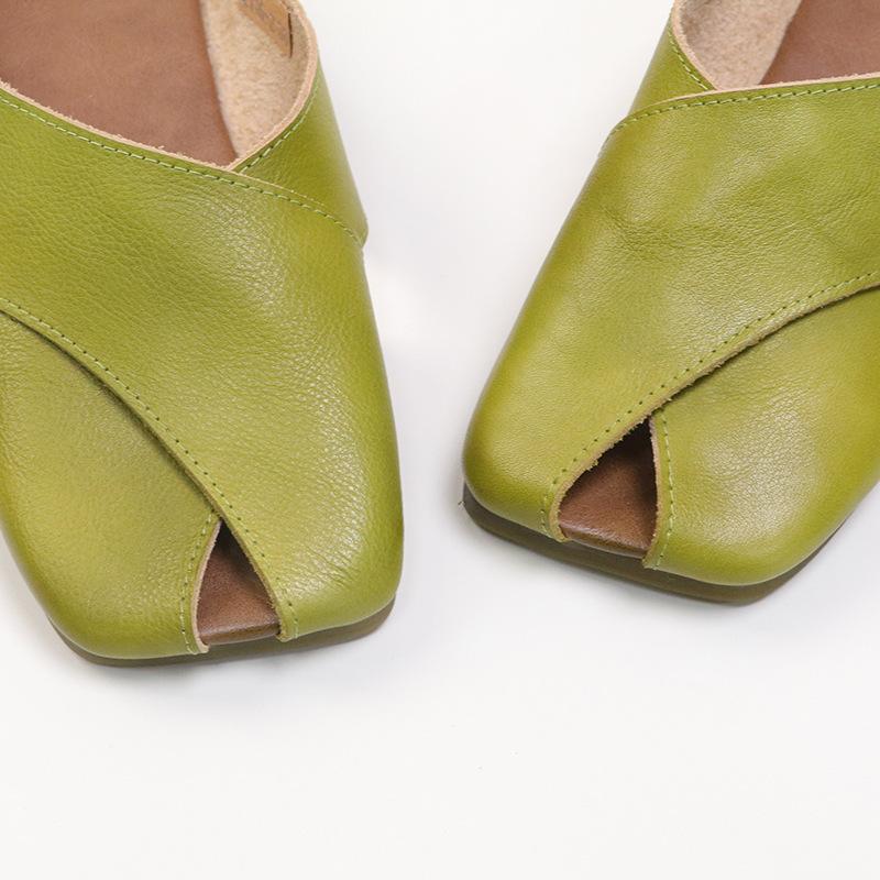 Johnature Papuci cu degetul pătrat din piele naturală Pantofi pentru femei Pantofi casual pentru exterior Pantofi confort papuci