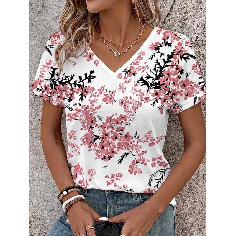 Women's T Shirt Print Floral Graphic Stylish Classic Casual Short Sleeve V Neck Regular Tops Casual Daily Blue White Pink Summer Spring