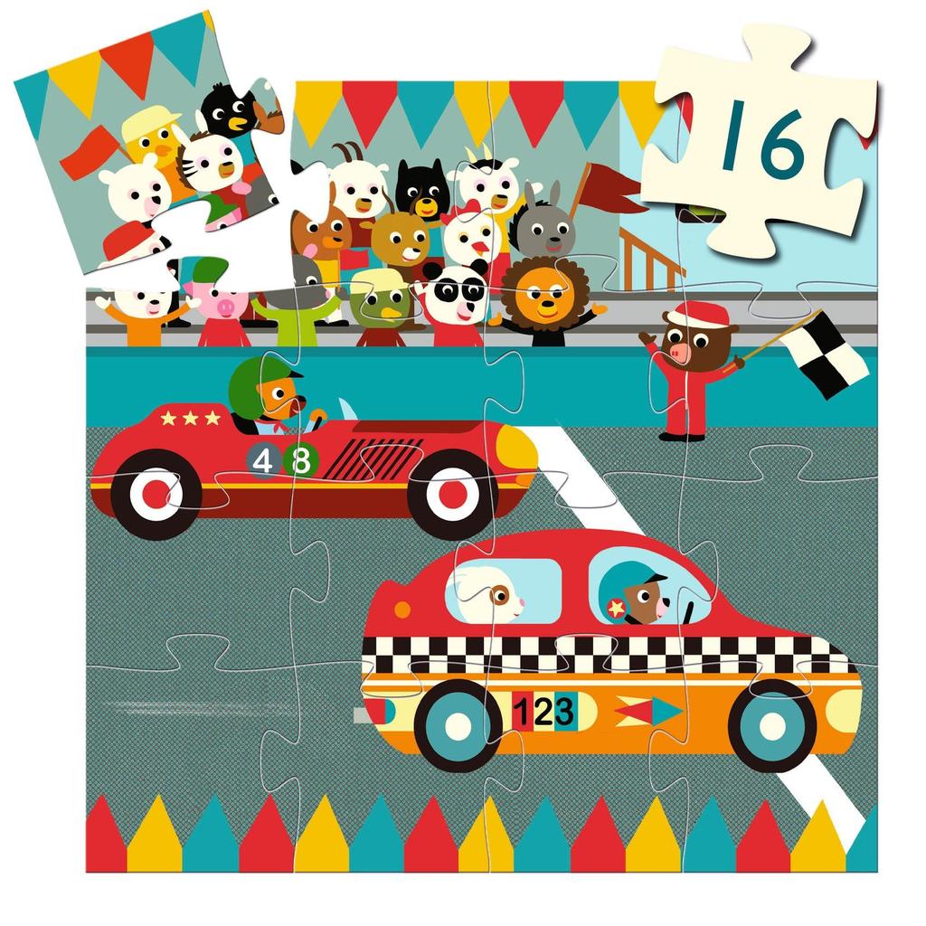DJECO Racing Car Jigsaw Puzzle Featuring a Racing Car and Rabbit. Perfect for Ages 3-4, Boys and Girls, Toddlers, Babies, and Preschoolers. A Great
