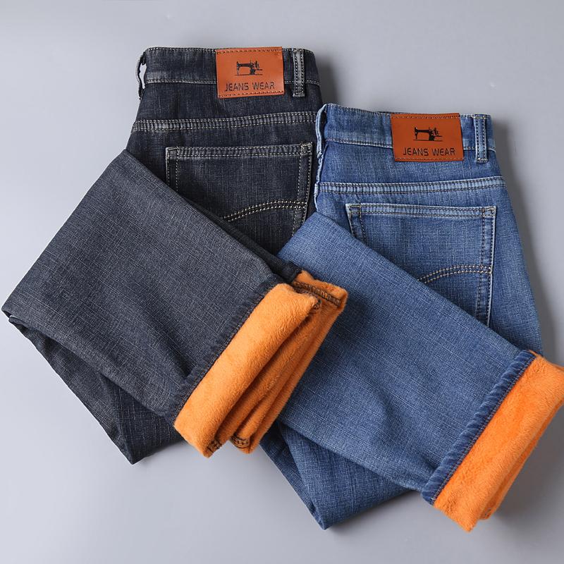 Winter Men's Warm Fleece Jeans Men Business Thicken Denim Trousers Stretch Slim Fit Pants Plus Size 28-40