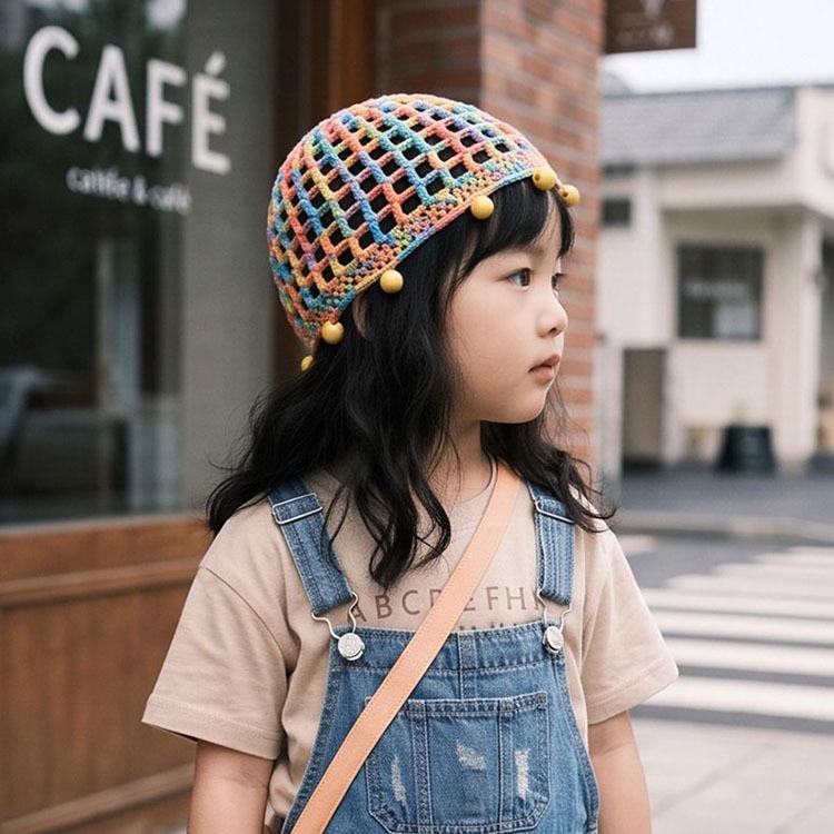 Hand-Knitted Girls' Fishnet Wool Hat for Spring & Autumn