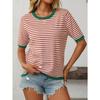 Dámský letní nový kulatý výstřih pruhovaný kolizní barvy krátký rukáv ležérní svetr