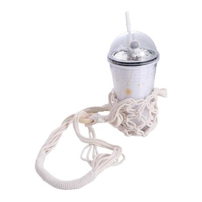 Bolsa de Rede Pendurada para Garrafa Estilo Boho Tricô Vazado Feito à Mão Suporte para Garrafa de Água Corda de Algodão Decorativa