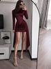 Burgundy Glossy Turtleneck Dress Dress Long Sleeve Waist Pleated Streamer Slim Hip Wrap Sexy Short Dress