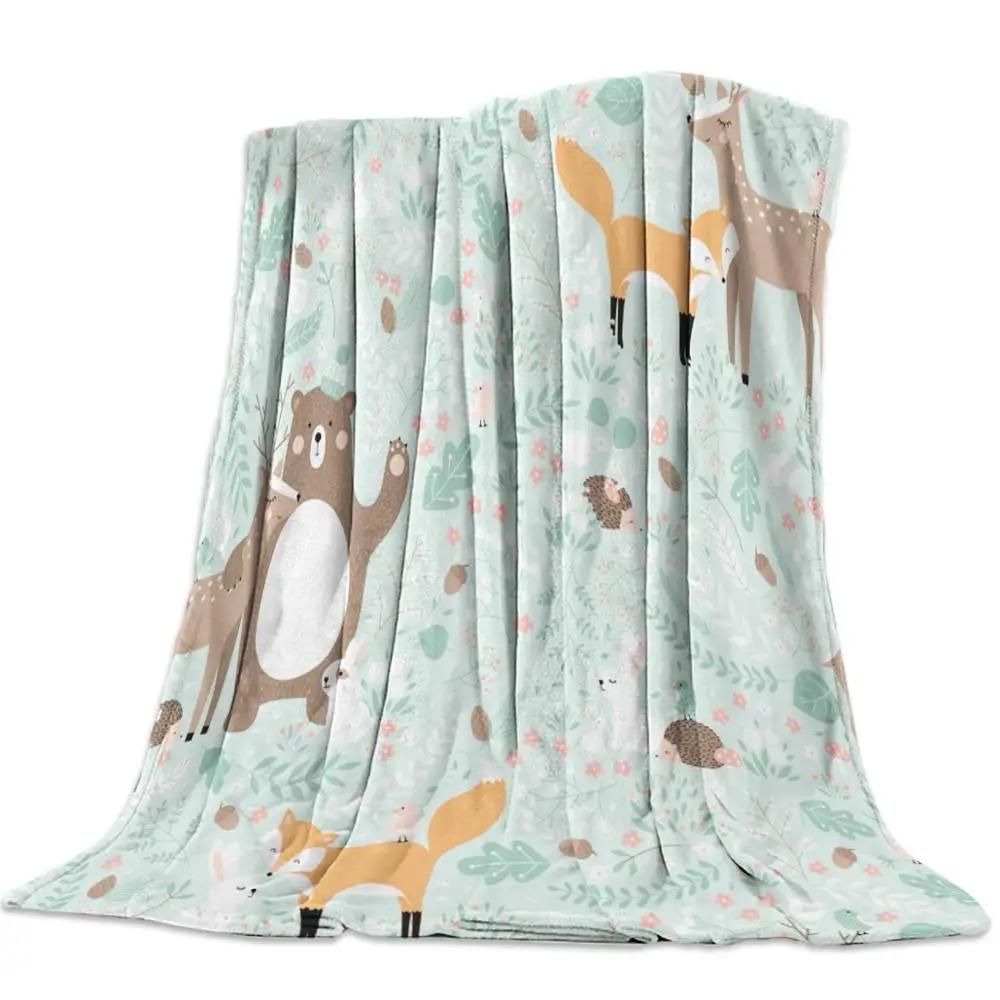 Flannel Blanket for Bed Cartoon Forest Animal Tree Fox Bear Rabbit Kids Throw Blanket Portable Super Soft Blanket Warm King Size